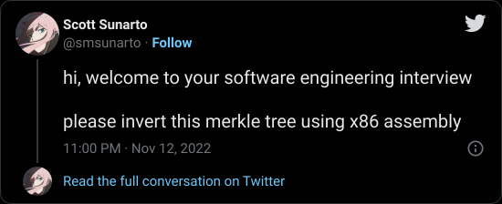 Tweet asking you to invert merkle tree